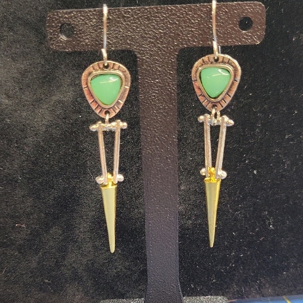 Seafoam Green Silver Tone Gold Tone Stake Dangle 2" Earrings